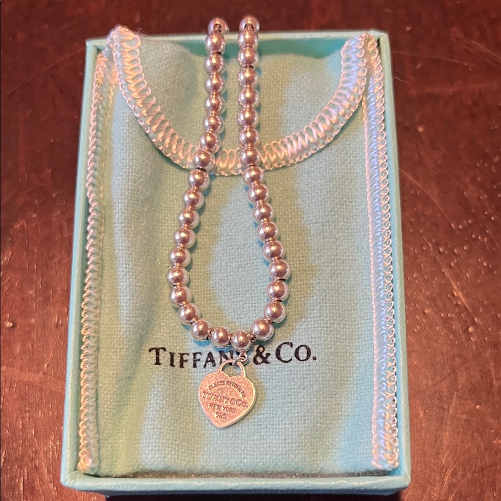 Tiffany & Co. Silver 4mm Bead Bracelet with Heart Tag - Tiffany Blue Pouch